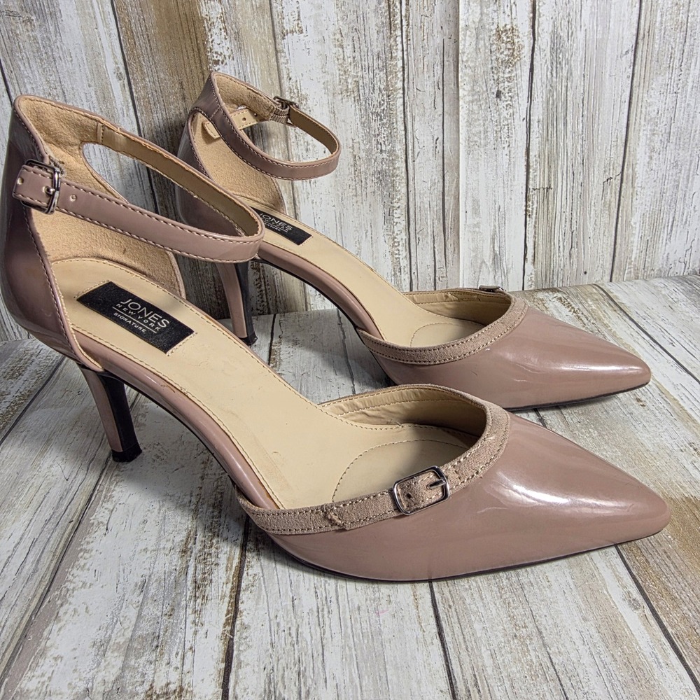 Jones New York Signature Womens Nude Patent Pointed Toe Ankle Strap Pumps Heels - Picture 6 of 11